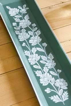 Bandeja Alargada Verde Con Flores Blancas Pintadas A Mano