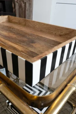 Bandeja De Resina Y Madera Con Diseño De Rayas Blancas Y Negras Grande