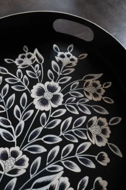 Bandeja Oval Negra Con Flores Blancas Pintadas