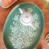 Bandeja Oval Verde Con Flores Blancas Pintadas