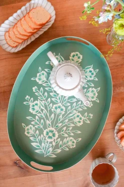 Bandeja Oval Verde Con Flores Blancas Pintadas