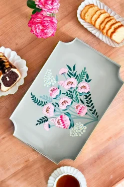 Bandeja Rectangular Con Flores Pintadas A Mano
