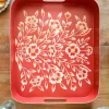 Bandeja Rectangular Teja Con Flores Blancas Pintadas
