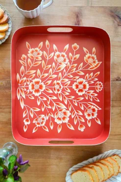 Bandeja Rectangular Teja Con Flores Blancas Pintadas