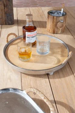 Bandeja Redonda De Madera Y Aluminio Con Asas De Ratán