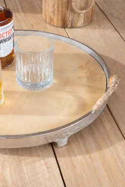 Bandeja Redonda De Madera Y Aluminio Con Asas De Ratán