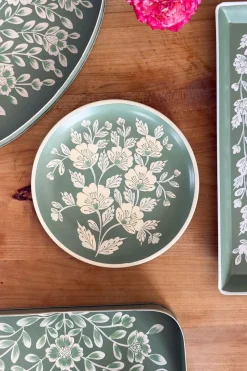 Bandeja Redonda Verde Con Flores Blancas Pintadas A Mano