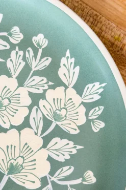 Bandeja Redonda Verde Con Flores Blancas Pintadas A Mano