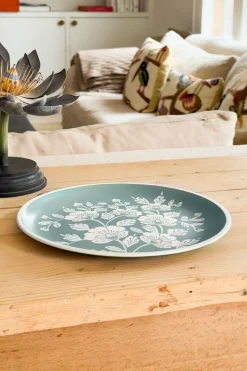 Bandeja Redonda Verde Con Flores Blancas Pintadas A Mano