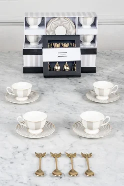 Caja De Regalo Tazas Espresso Grises Y Cucharitas De Bronce
