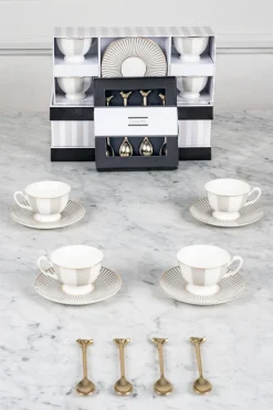 Caja De Regalo Tazas Espresso Grises Y Cucharitas De Bronce