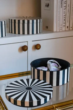 Caja Decorativa De Resina Redonda Con Diseño De Rayas Blancas Y Negras Mediana