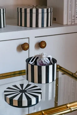Caja Decorativa De Resina Redonda Con Diseño De Rayas Blancas Y Negras Pequeña