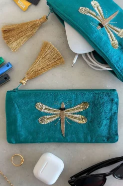 Cartera De Terciopelo Azul Con Libélula Bordada