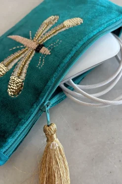 Cartera De Terciopelo Azul Con Libélula Bordada
