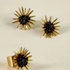Combinación Anillo & Pendientes Dorados Diseño Girasoles Negros