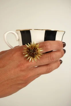 Combinación Anillo & Pendientes Dorados Diseño Girasoles Marrones
