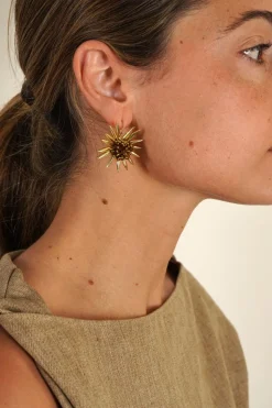 Combinación Anillo & Pendientes Dorados Diseño Girasoles Marrones