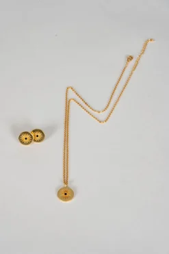 Combinación Pendientes & Collar Dorados Con Diseño Sol Y Circonita Negra
