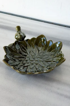 Cuenco Decorativo Verde Flor Con Pájaro Verde