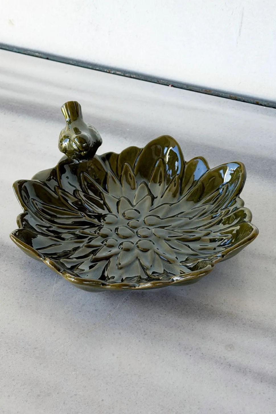 Cuenco Decorativo Verde Flor Con Pájaro Verde