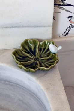 Cuenco Decorativo Verde Flor Irregular Con Pájaro Blanco