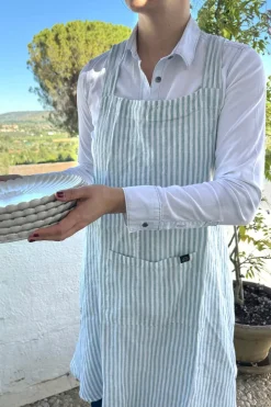 Delantal De Lino Con Diseño De Rayas Verde Agua