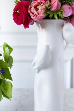 Florero Porcelana Blanco Con Pájaros Mediano