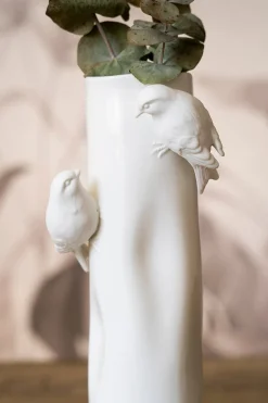Florero Porcelana Blanco Con Pájaros Mediano