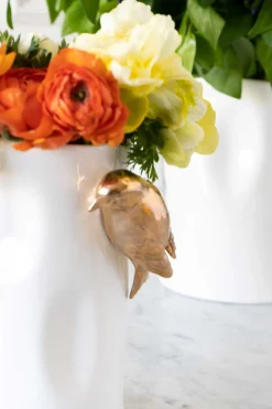Florero Porcelana Blanco Con Pájaros Dorados Pequeño