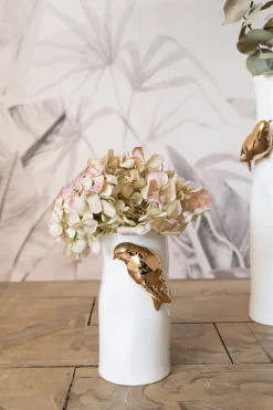 Florero Porcelana Blanco Con Pájaros Dorados Pequeño