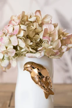 Florero Porcelana Blanco Con Pájaros Dorados Pequeño