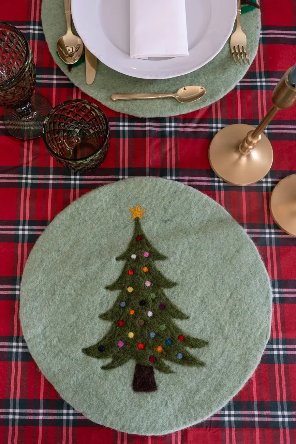 Individual De Fieltro Verde Con Diseño De Árbol De Navidad