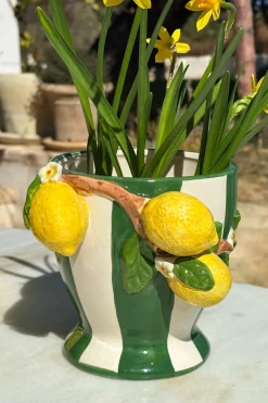 Jarrón Diseño Limones Y Fondo Rayas Verdes