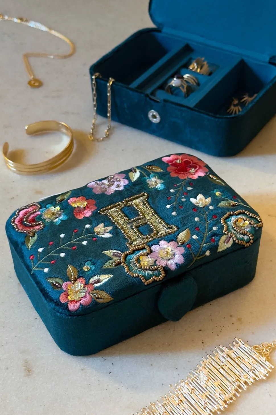 Joyeros De Terciopelo Con Iniciales Y Flores Bordadas