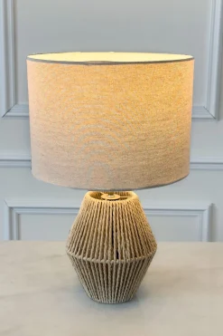 Lámpara De Mesa De Cuerdas De Papel Trenzado Con Pantalla De Lino