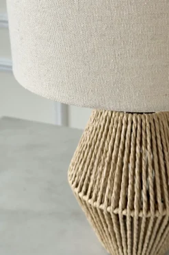 Lámpara De Mesa De Cuerdas De Papel Trenzado Con Pantalla De Lino