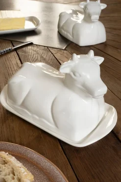 Mantequillera Con Diseño De Vaca De Porcelana Blanca