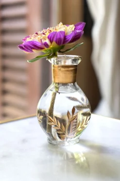 Mini Florero Ovalado De Cristal Con Flores Doradas Pintadas A Mano