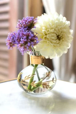 Mini Florero Redondo De Cristal Con Flores Doradas Pintadas A Mano