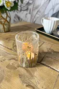 Portavelas Cristal Con Hojas Y Flores