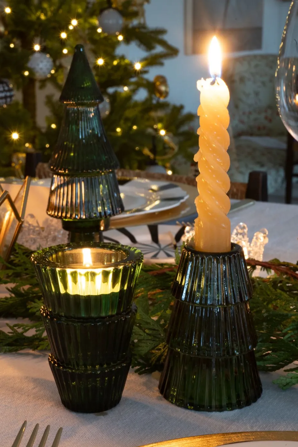 Portavelas De Cristal Con Diseño De Árbol Verde
