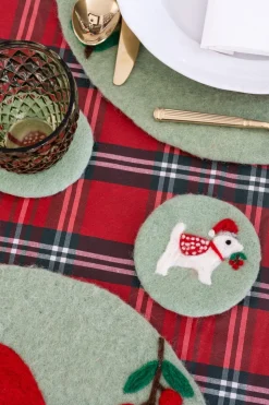 Posavasos De Fieltro Verde Con Diseño De Perro Navideño