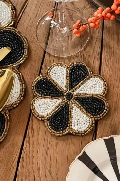 Posavasos Flor Blanco Y Negro Bordado Con Cuentas