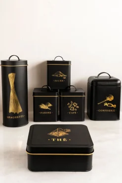 Set 6 Botes Metálicos De Almacenaje Negro Mate Con Ilustraciones Doradas