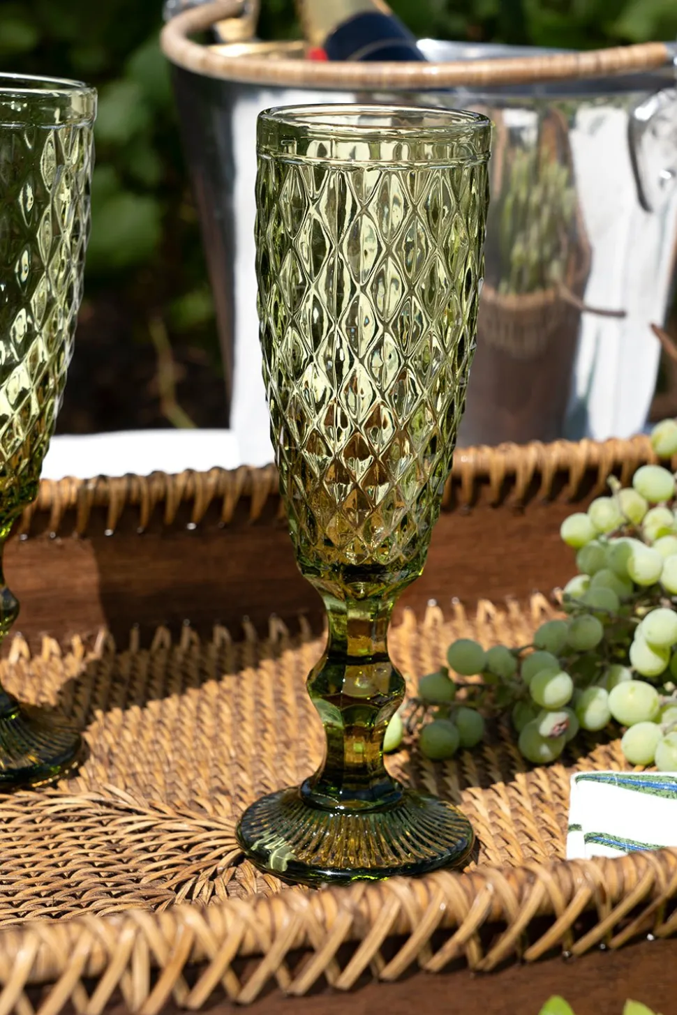 Set 6 Copas Cristal Champagne Verde Rombos