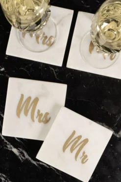 Set 2 Posavasos De Mármol Con Diseño Mr & Mrs