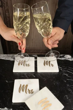Set 2 Posavasos De Mármol Con Diseño Mr & Mrs