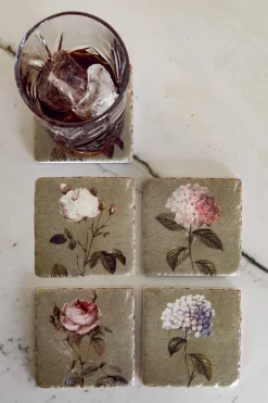 Set 4 Posavasos De Mármol Diseño Flores