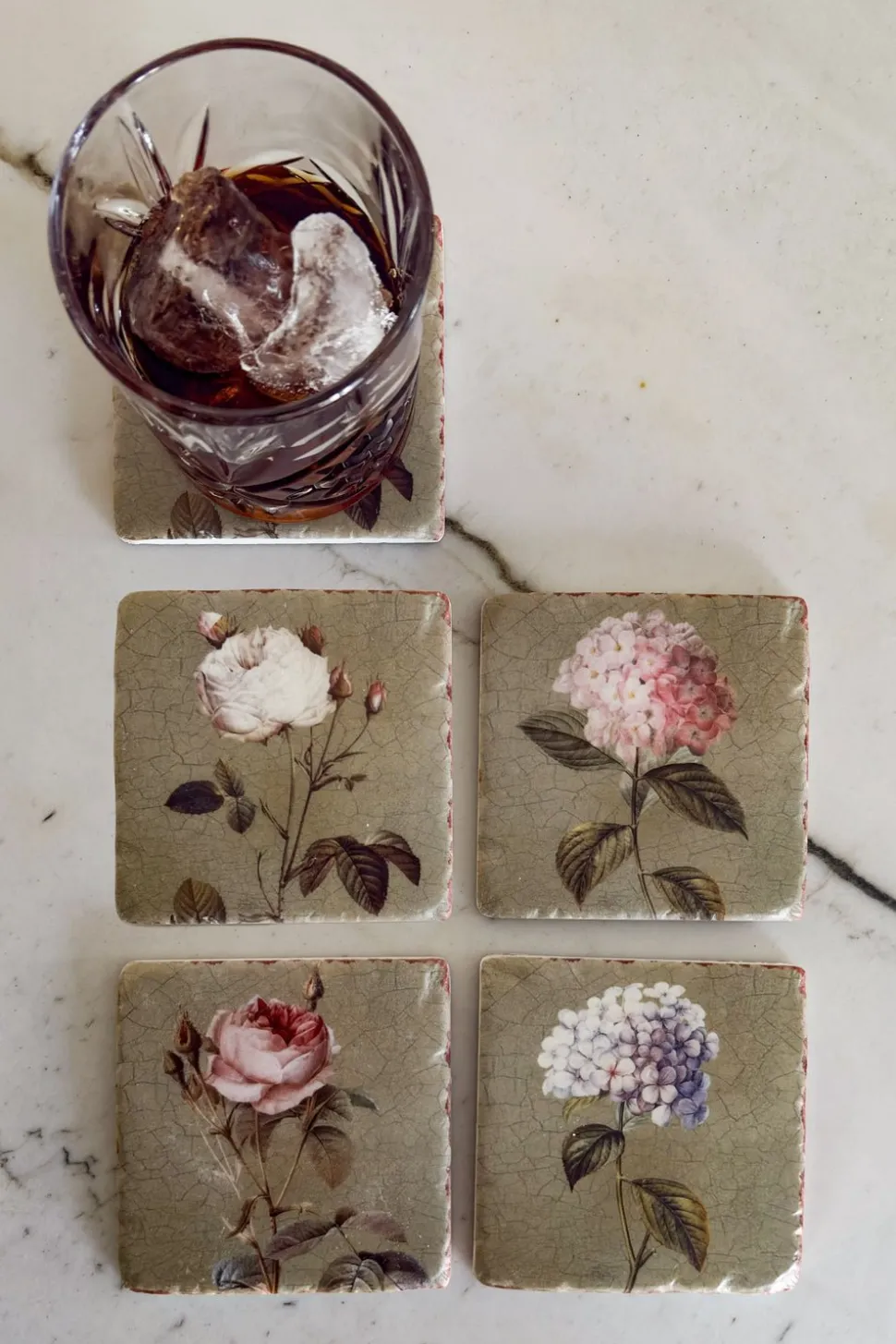 Set 4 Posavasos De Mármol Diseño Flores